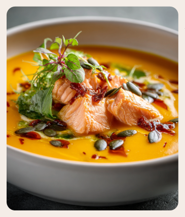 Фото блюда: Крем-суп из запечённой тыквы с лососем