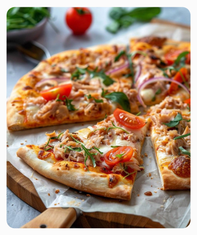 Фото блюда: БЕЛКОВАЯ ТВОРОЖНАЯ ПИЦЦА С ТУНЦОМ