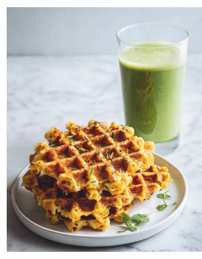 Фото блюда: Вафли с ветчиной индейки, сыром и зелёный смузи