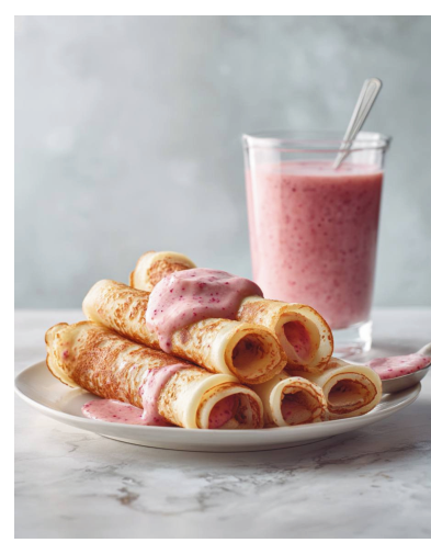 Фото блюда: ТВОРОЖНЫЕ БЛИНЧИКИ С ЯГОДНО-СЛИВОЧНЫМ СОУСОМ И ЯГОДНО-ШПИНАТНЫЙ СМУЗИ