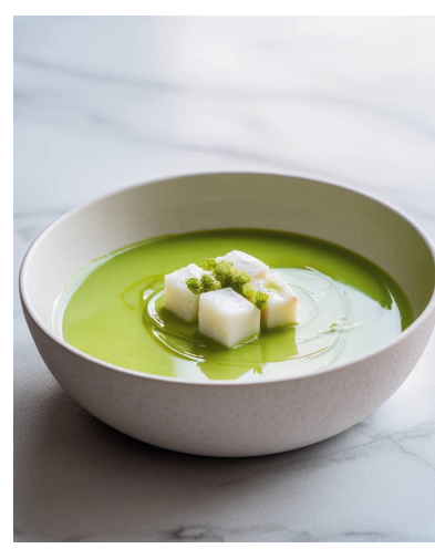 Фото блюда: Крем-суп из брокколи со сливочной треской и чесночными нотами