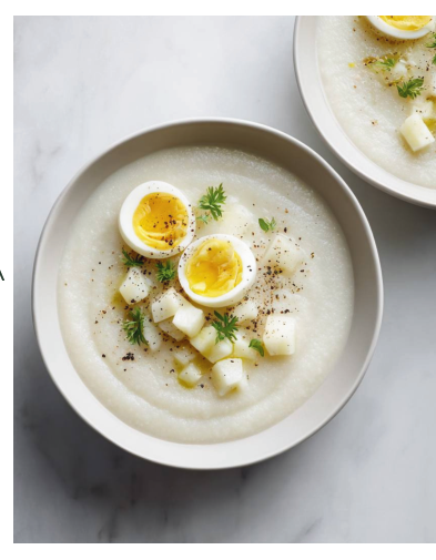 Фото блюда: КРЕМ-СУП ИЗ ЦВЕТНОЙ КАПУСТЫ С ПЕЧЁНЫМ ЧЕСНОКОМ И ЯЙЦОМ