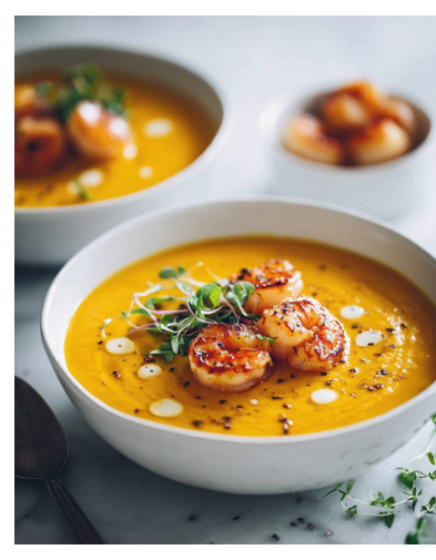 Фото блюда: Крем-суп из тыквы с креветками в медово-лимонной глазури