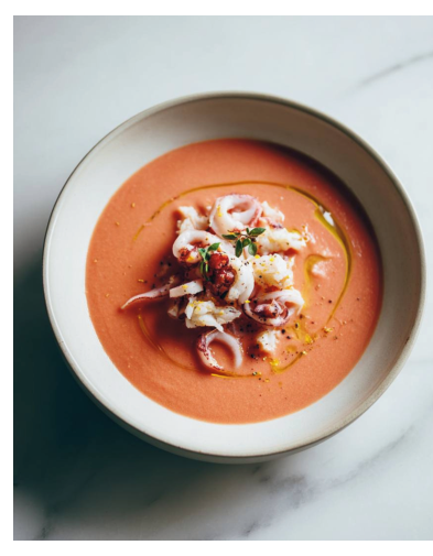 Фото блюда: ТОМАТНЫЙ КРЕМ-СУП С МОРСКИМ КОКТЕЙЛЕМ И ЗАПЕЧЁННЫМ ПЕРЦЕМ