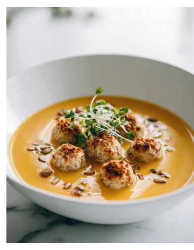 Фото блюда: МОРКОВНЫЙ КРЕМ-СУП С ПРЯНЫМИ ФРИКАДЕЛЬКАМИ